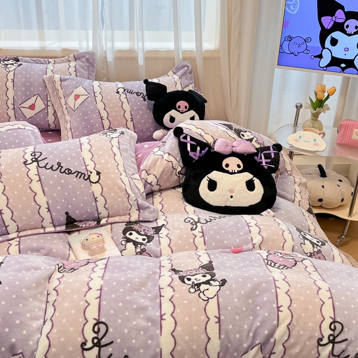 91家纺网 家纺一手货源 找家纺 暮思家居 2025新款三丽鸥正版授权高克重200克加厚保暖卡通牛奶绒四件套 牛奶绒-情书库洛米