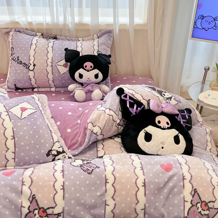 91家纺网 家纺一手货源 找家纺 暮思家居 2025新款三丽鸥正版授权高克重200克加厚保暖卡通牛奶绒四件套 牛奶绒-情书库洛米