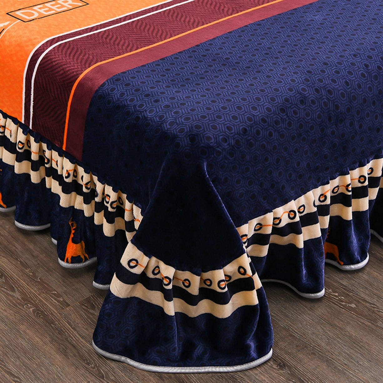 91家纺网 家纺一手货源 找家纺 梦宴 2025新款冬季牛奶绒加厚保暖床裙款法兰绒珊瑚绒四件套床上用品 森林小鹿