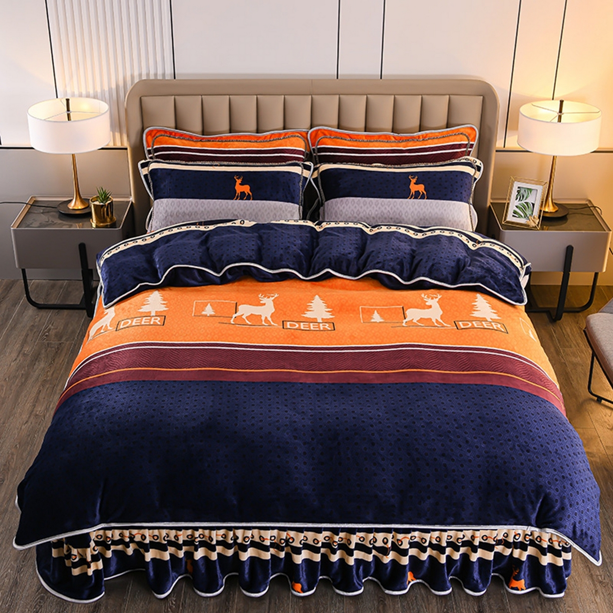 91家纺网 家纺一手货源 找家纺 梦宴 2025新款冬季牛奶绒加厚保暖床裙款法兰绒珊瑚绒四件套床上用品 森林小鹿