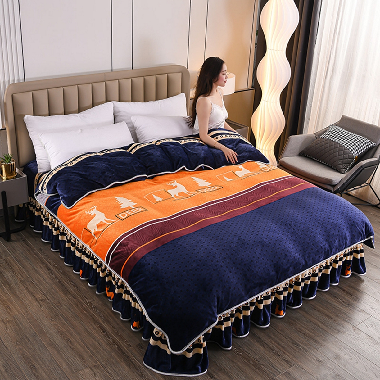 91家纺网 家纺一手货源 找家纺 梦宴 2025新款冬季牛奶绒加厚保暖床裙款法兰绒珊瑚绒四件套床上用品 森林小鹿