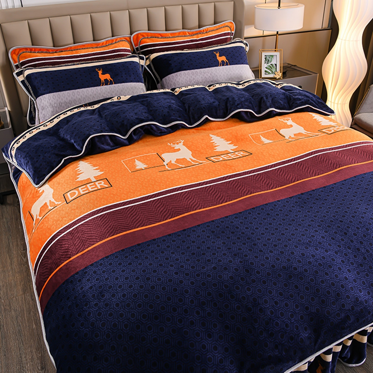 91家纺网 家纺一手货源 找家纺 梦宴 2025新款冬季牛奶绒加厚保暖床裙款法兰绒珊瑚绒四件套床上用品 森林小鹿