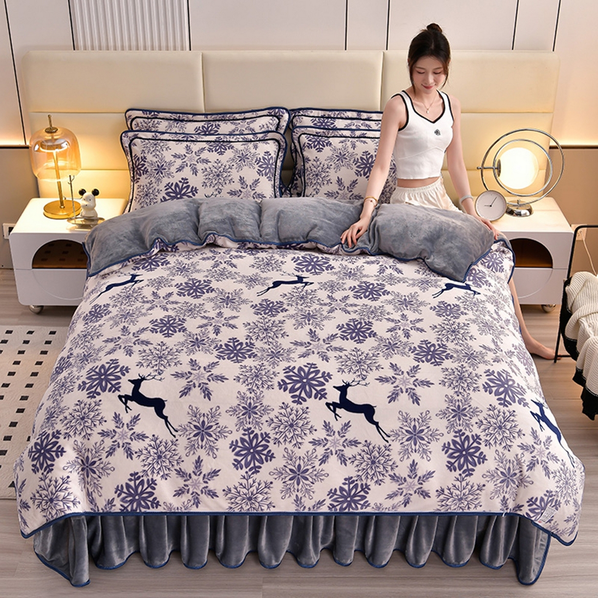 梦宴 2025新款冬季牛奶绒加厚保暖床裙款法兰绒珊瑚绒四件套床上用品 圣诞鹿