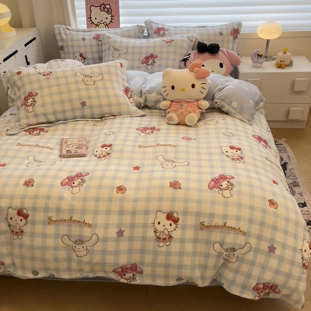 91家纺网 家纺一手货源 找家纺 暮思家居 2025新款三丽鸥正版授权高克重200克加厚保暖卡通牛奶绒四件套 牛奶绒-三丽鸥大家族