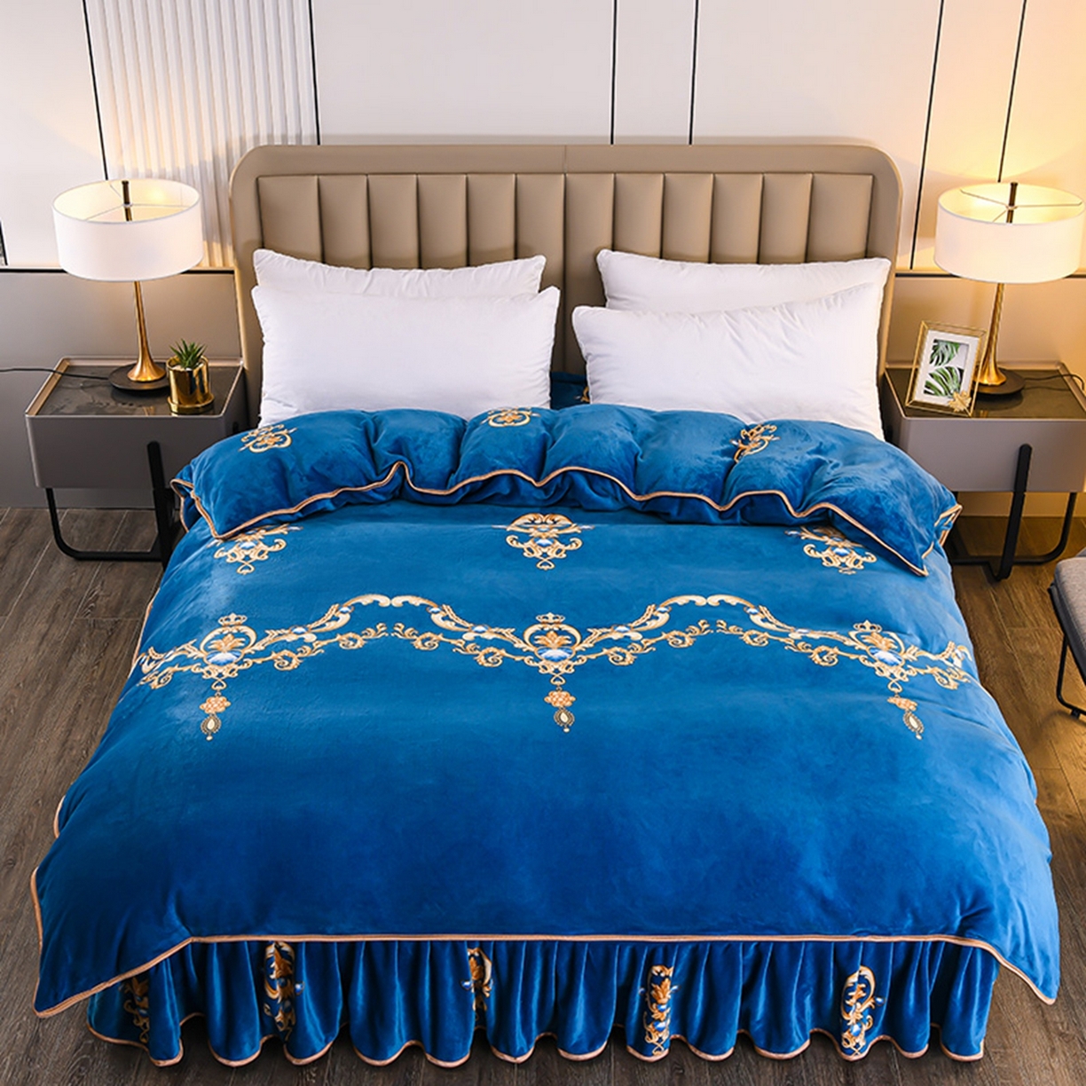 91家纺网 家纺一手货源 找家纺 梦宴 2025新款冬季牛奶绒加厚保暖床裙款法兰绒珊瑚绒四件套床上用品 盛世爱恋