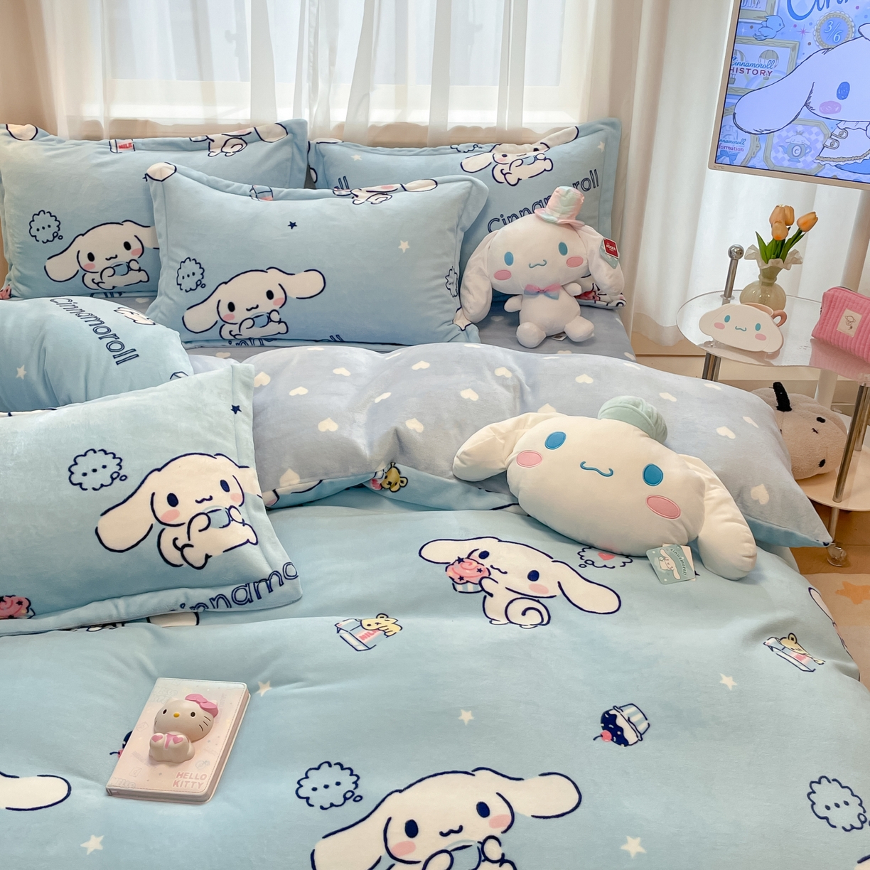 91家纺网 家纺一手货源 找家纺 暮思家居 2025新款三丽鸥正版授权高克重200克加厚保暖卡通牛奶绒四件套 牛奶绒-甜品玉桂狗