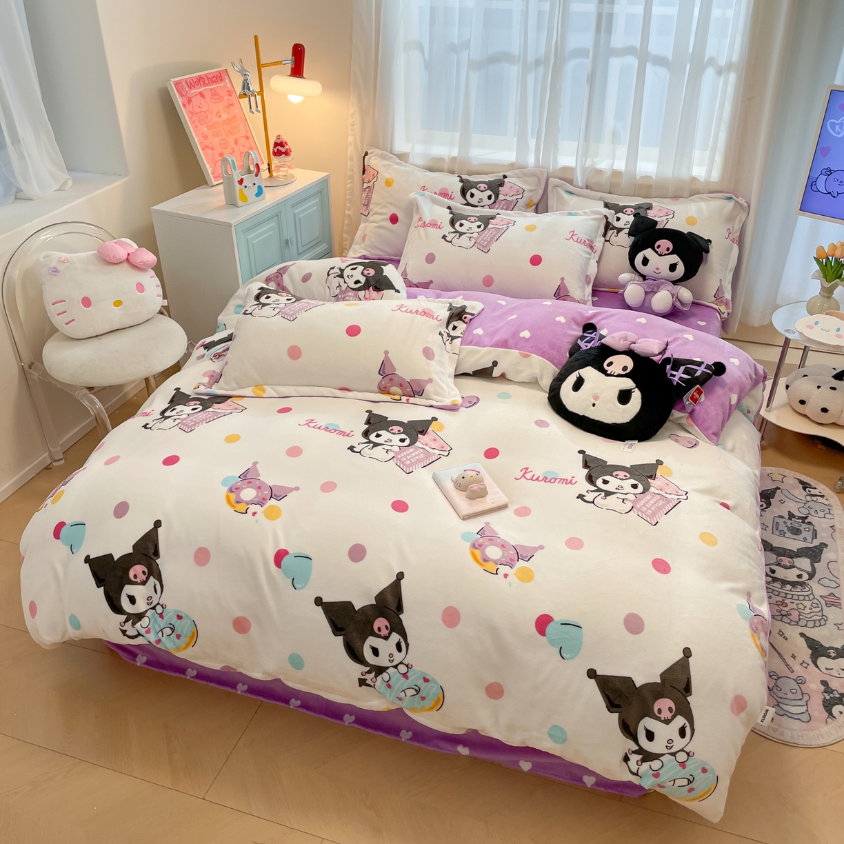 91家纺网 家纺一手货源 找家纺 暮思家居 2025新款三丽鸥正版授权高克重200克加厚保暖卡通牛奶绒四件套 牛奶绒-甜甜圈库洛米