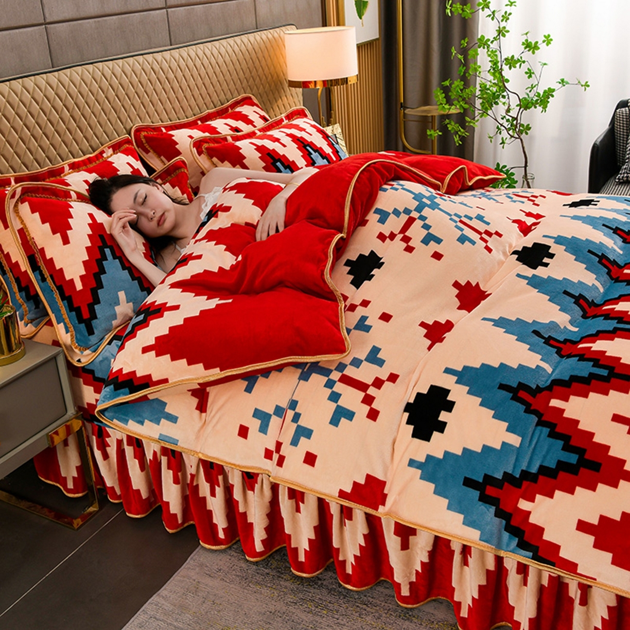 91家纺网 家纺一手货源 找家纺 梦宴 2025新款冬季牛奶绒加厚保暖床裙款法兰绒珊瑚绒四件套床上用品 童年回忆