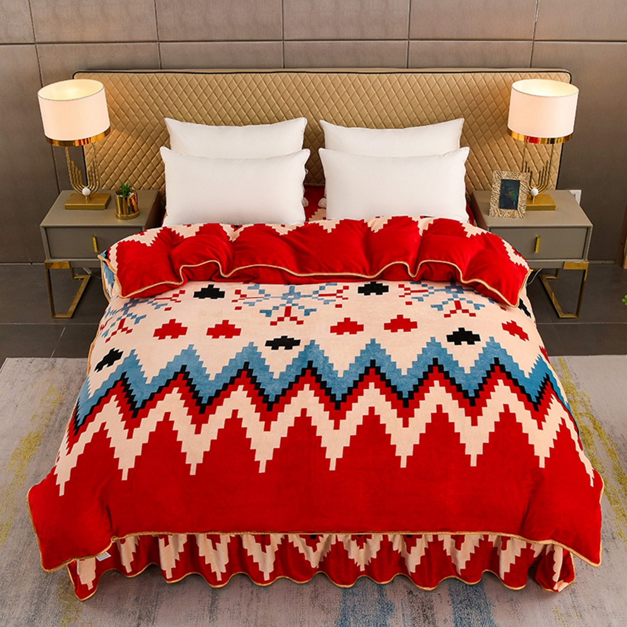 91家纺网 家纺一手货源 找家纺 梦宴 2025新款冬季牛奶绒加厚保暖床裙款法兰绒珊瑚绒四件套床上用品 童年回忆