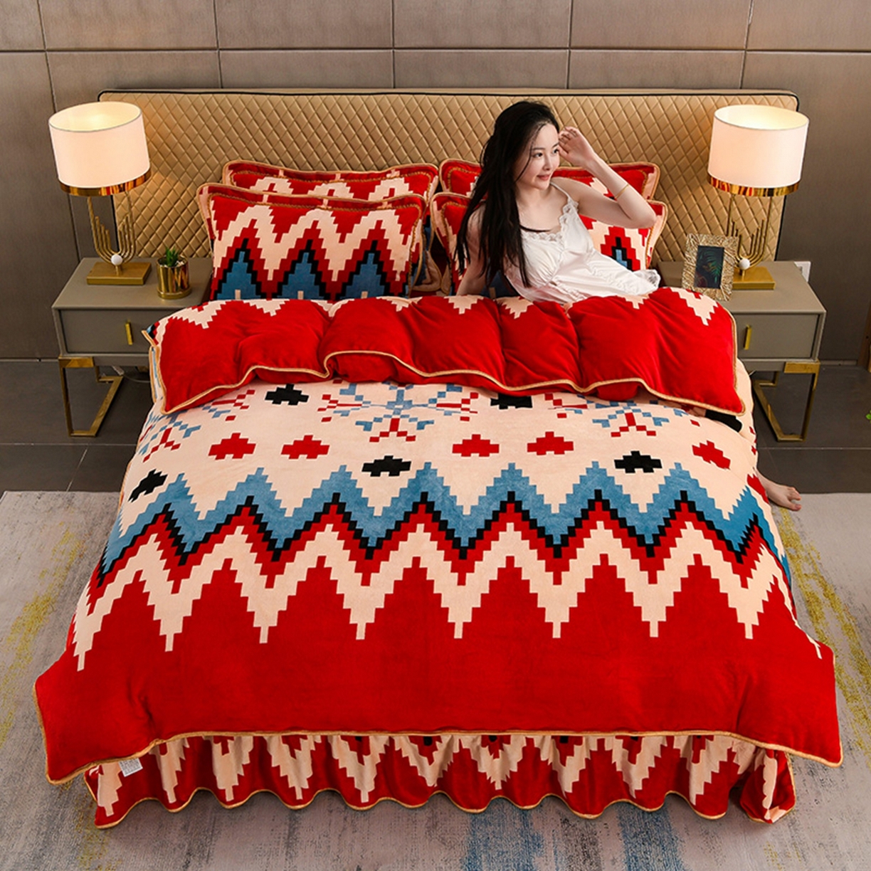 梦宴 2025新款冬季牛奶绒加厚保暖床裙款法兰绒珊瑚绒四件套床上用品 童年回忆