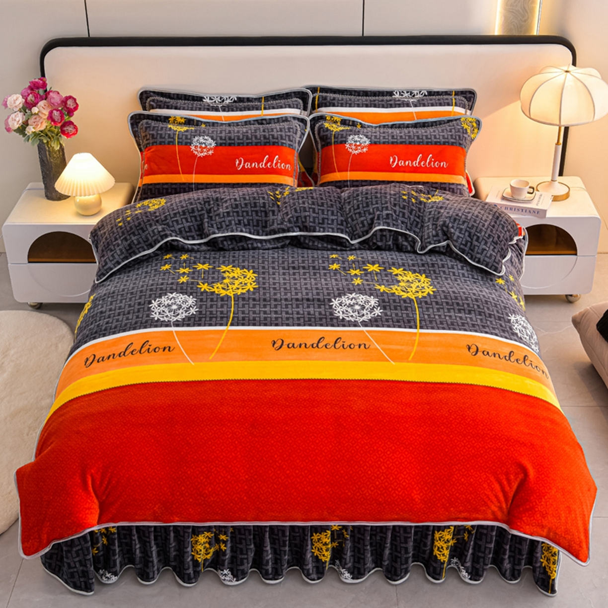 91家纺网 家纺一手货源 找家纺 梦宴 2025新款冬季牛奶绒加厚保暖床裙款法兰绒珊瑚绒四件套床上用品 心相随