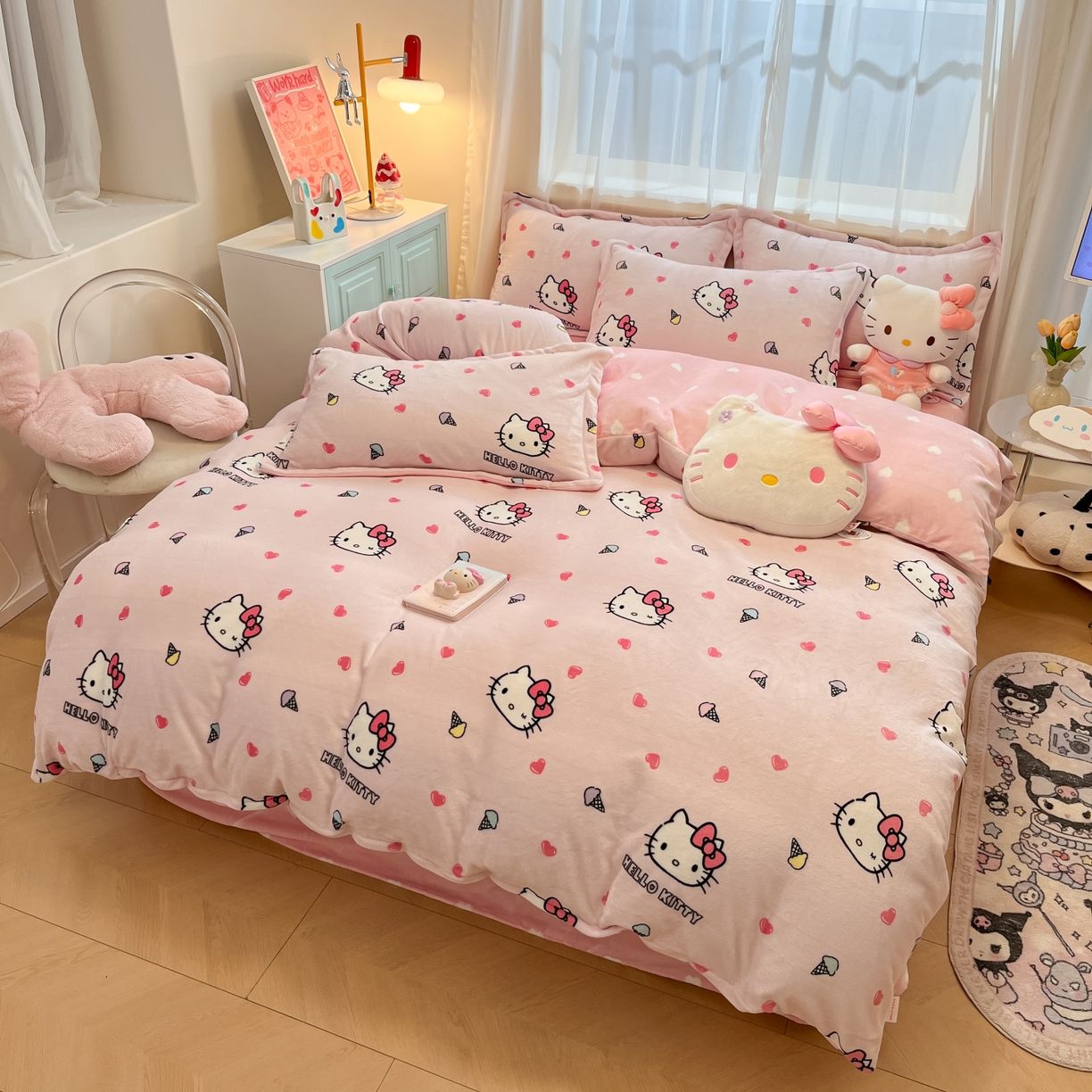 91家纺网 家纺一手货源 找家纺 暮思家居 2025新款三丽鸥正版授权高克重200克加厚保暖卡通牛奶绒四件套 牛奶绒-甜筒kt