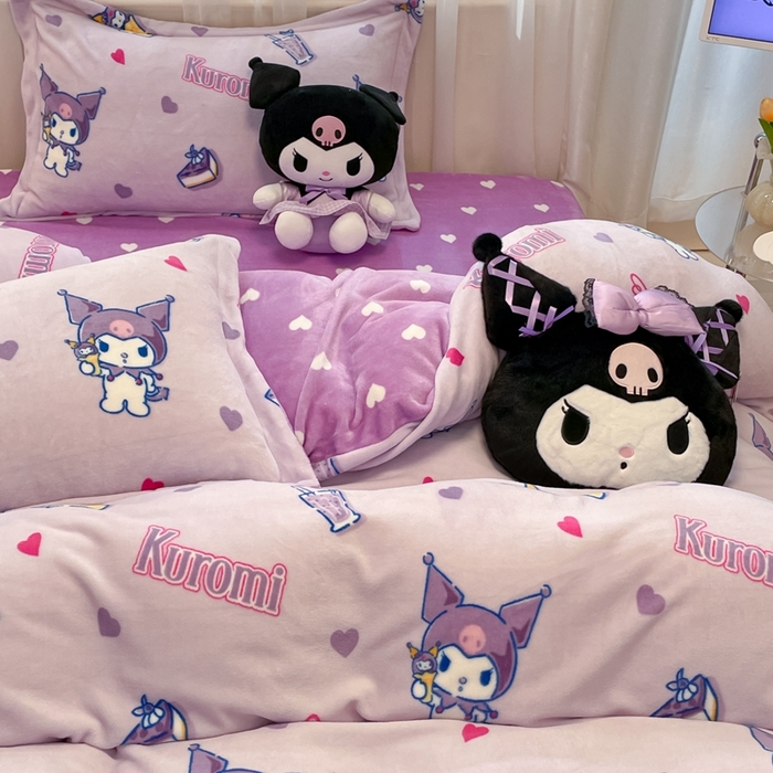 91家纺网 家纺一手货源 找家纺 暮思家居 2025新款三丽鸥正版授权高克重200克加厚保暖卡通牛奶绒四件套 牛奶绒-甜心库洛米