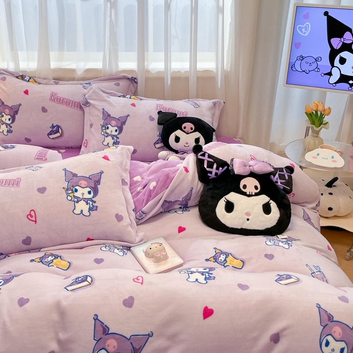 91家纺网 家纺一手货源 找家纺 暮思家居 2025新款三丽鸥正版授权高克重200克加厚保暖卡通牛奶绒四件套 牛奶绒-甜心库洛米