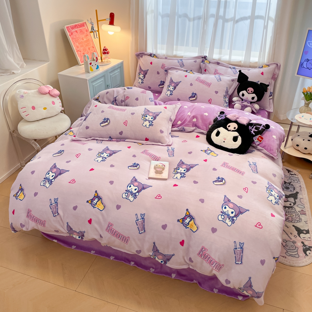 91家纺网 家纺一手货源 找家纺 暮思家居 2025新款三丽鸥正版授权高克重200克加厚保暖卡通牛奶绒四件套 牛奶绒-甜心库洛米