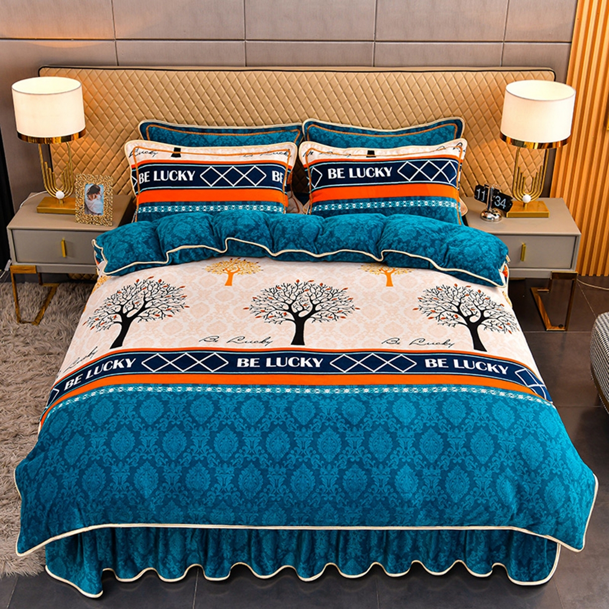 91家纺网 家纺一手货源 找家纺 梦宴 2025新款冬季牛奶绒加厚保暖床裙款法兰绒珊瑚绒四件套床上用品 幸福树