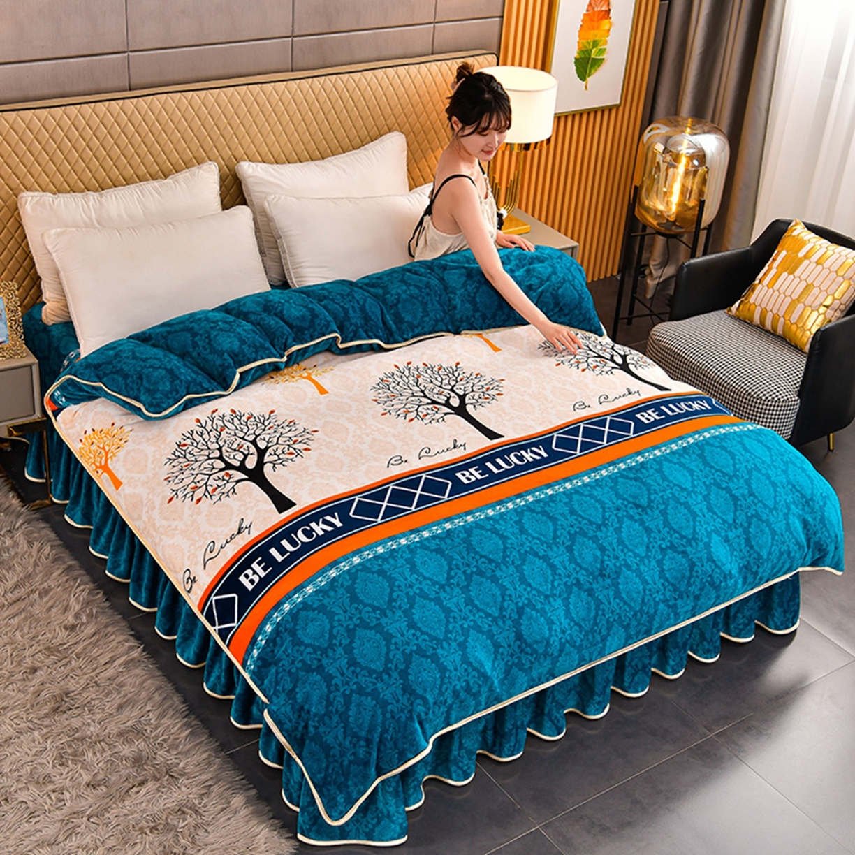 91家纺网 家纺一手货源 找家纺 梦宴 2025新款冬季牛奶绒加厚保暖床裙款法兰绒珊瑚绒四件套床上用品 幸福树