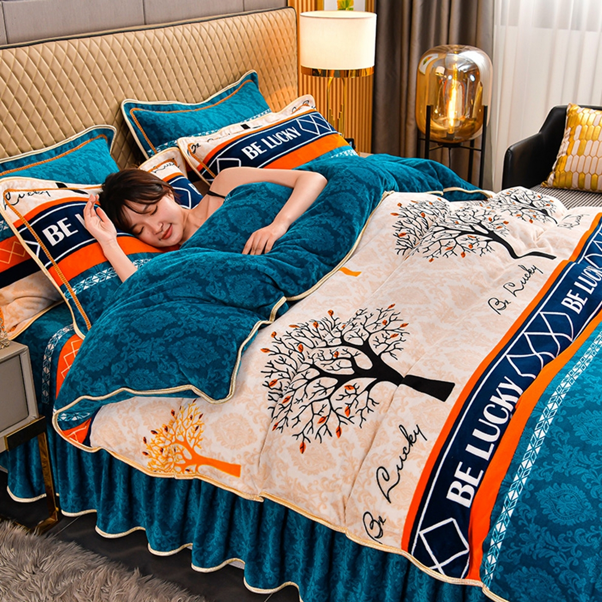 91家纺网 家纺一手货源 找家纺 梦宴 2025新款冬季牛奶绒加厚保暖床裙款法兰绒珊瑚绒四件套床上用品 幸福树