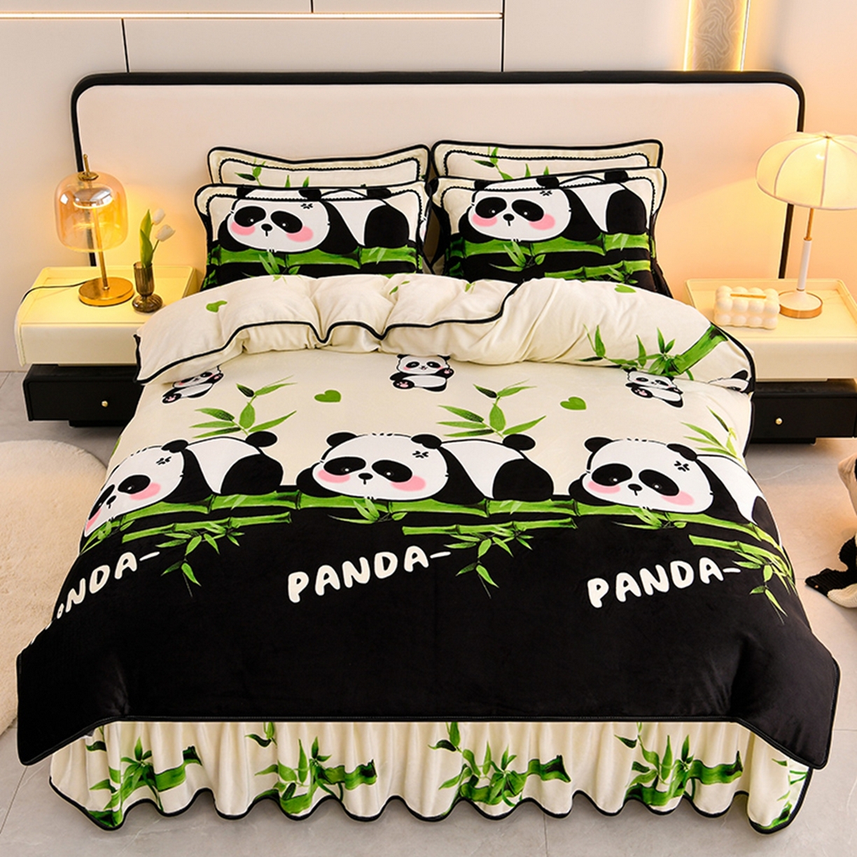 91家纺网 家纺一手货源 找家纺 梦宴 2025新款冬季牛奶绒加厚保暖床裙款法兰绒珊瑚绒四件套床上用品 熊猫乐园