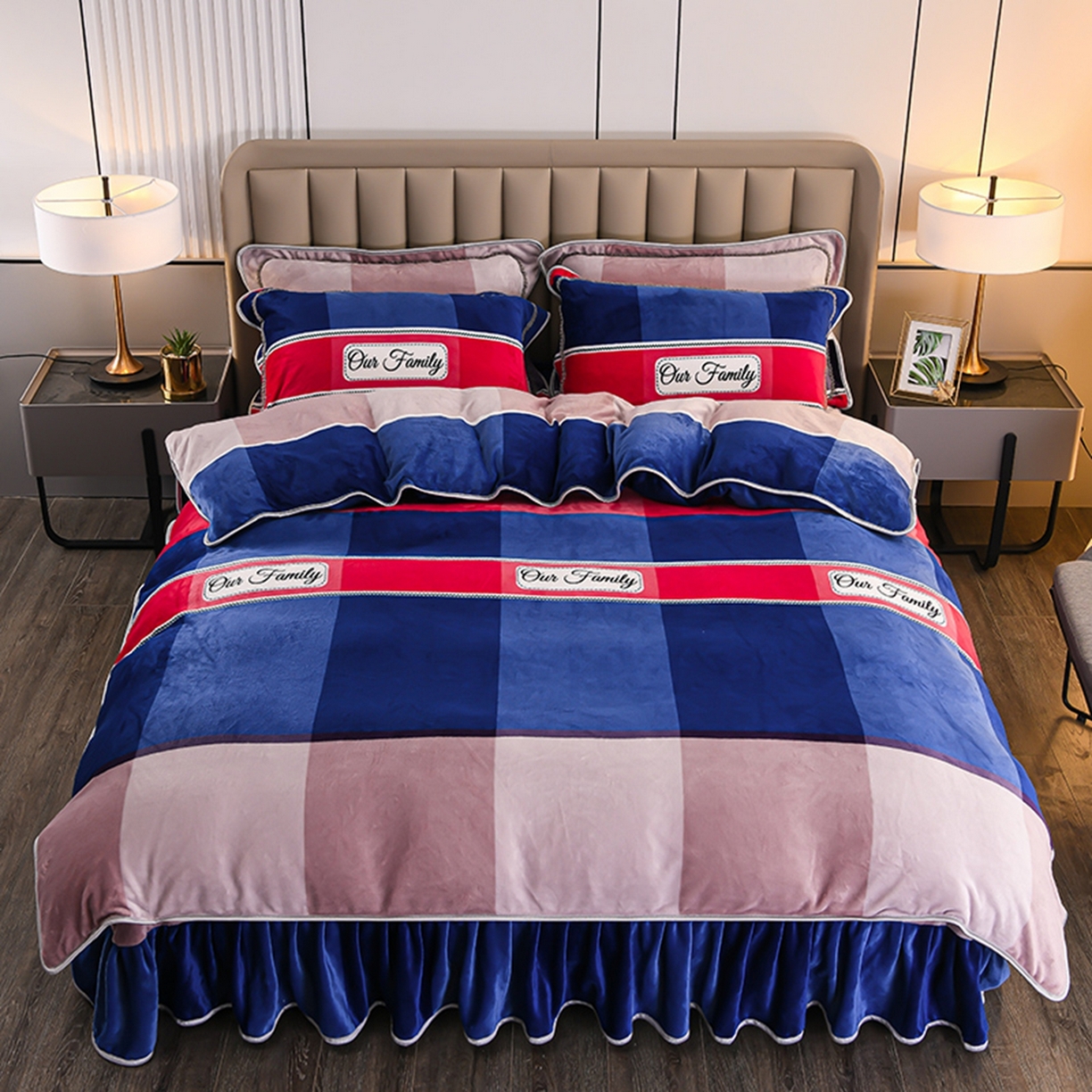 91家纺网 家纺一手货源 找家纺 梦宴 2025新款冬季牛奶绒加厚保暖床裙款法兰绒珊瑚绒四件套床上用品 雅阁