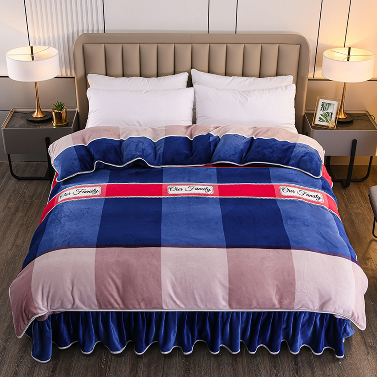 91家纺网 家纺一手货源 找家纺 梦宴 2025新款冬季牛奶绒加厚保暖床裙款法兰绒珊瑚绒四件套床上用品 雅阁