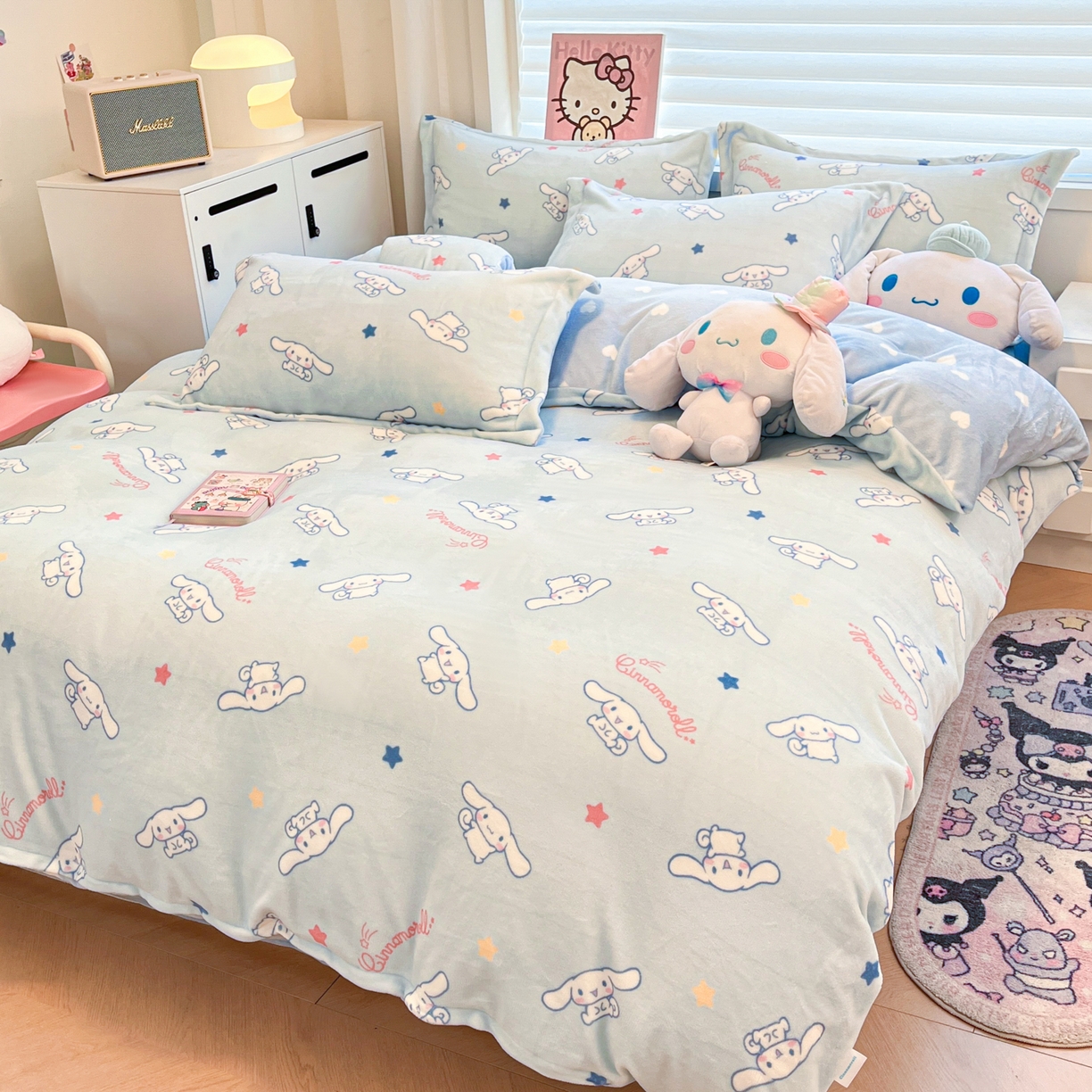 91家纺网 家纺一手货源 找家纺 暮思家居 2025新款三丽鸥正版授权高克重200克加厚保暖卡通牛奶绒四件套 牛奶绒-星星玉桂狗