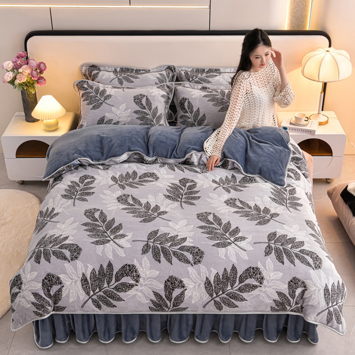 梦宴 2025新款冬季牛奶绒加厚保暖床裙款法兰绒珊瑚绒四件套床上用品 叶语