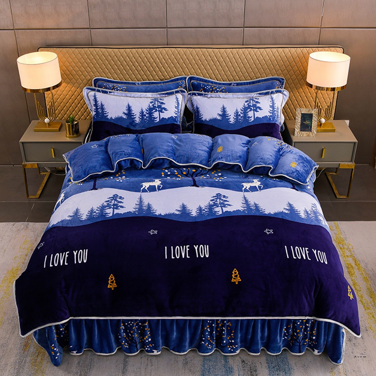 91家纺网 家纺一手货源 找家纺 梦宴 2025新款冬季牛奶绒加厚保暖床裙款法兰绒珊瑚绒四件套床上用品 一路有你