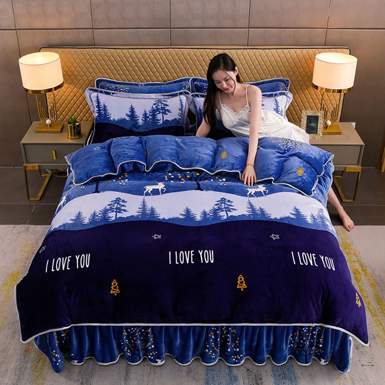 梦宴 2025新款冬季牛奶绒加厚保暖床裙款法兰绒珊瑚绒四件套床上用品 一路有你