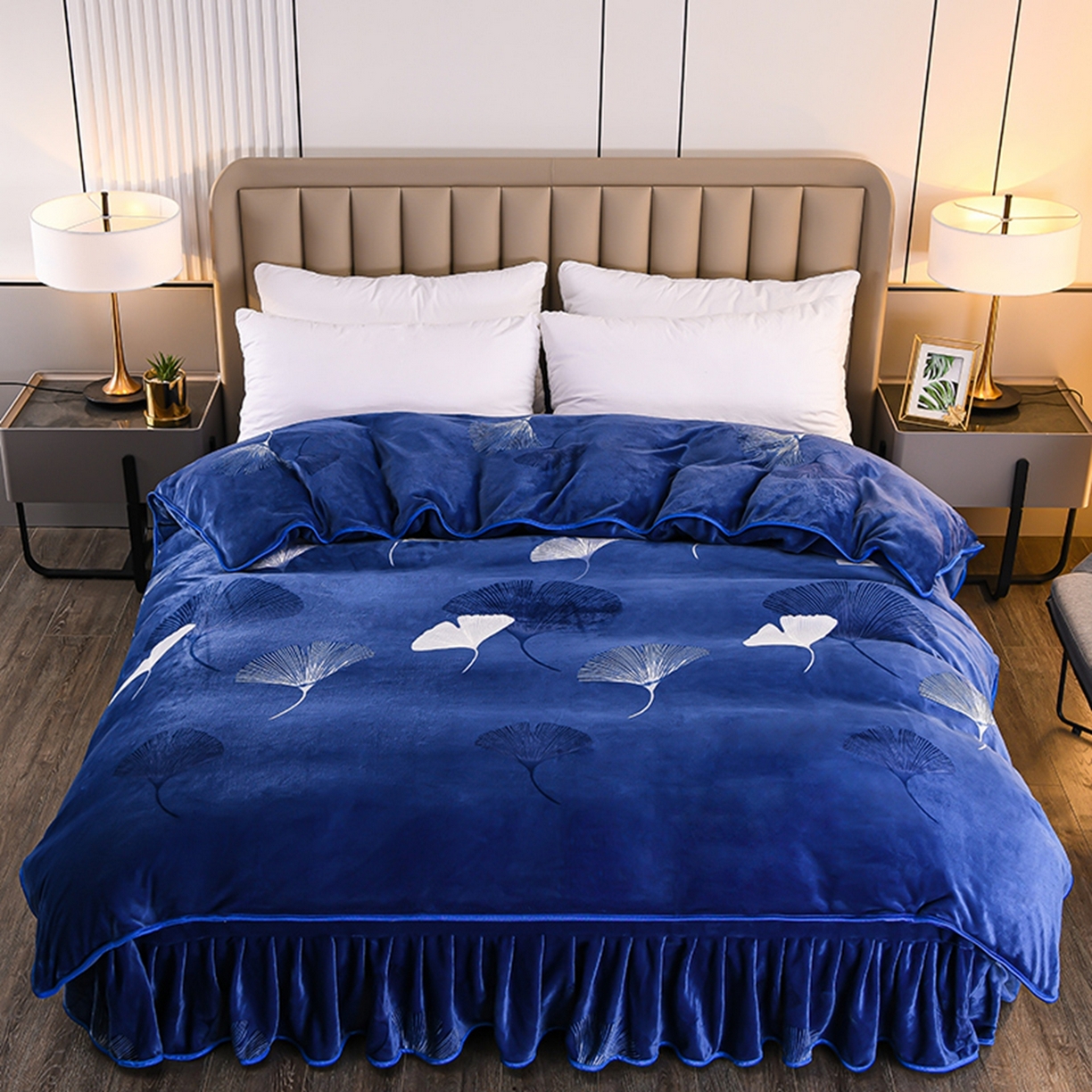 91家纺网 家纺一手货源 找家纺 梦宴 2025新款冬季牛奶绒加厚保暖床裙款法兰绒珊瑚绒四件套床上用品 一叶知秋