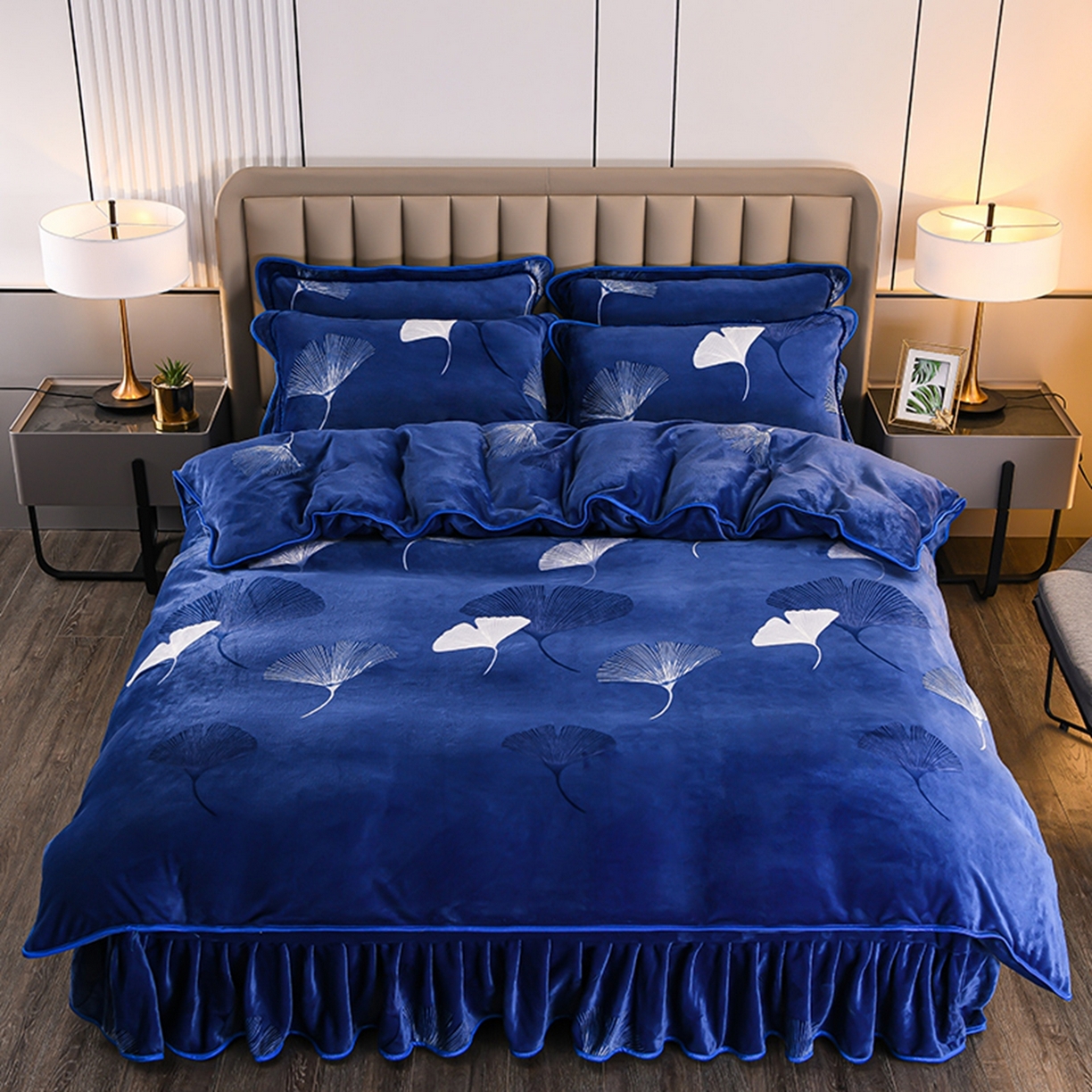 91家纺网 家纺一手货源 找家纺 梦宴 2025新款冬季牛奶绒加厚保暖床裙款法兰绒珊瑚绒四件套床上用品 一叶知秋