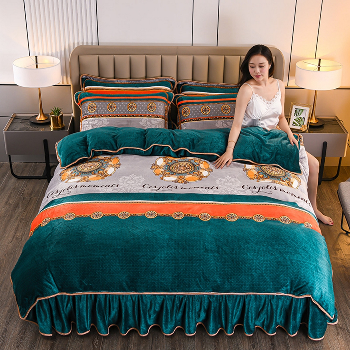 梦宴 2025新款冬季牛奶绒加厚保暖床裙款法兰绒珊瑚绒四件套床上用品 英伦风尚