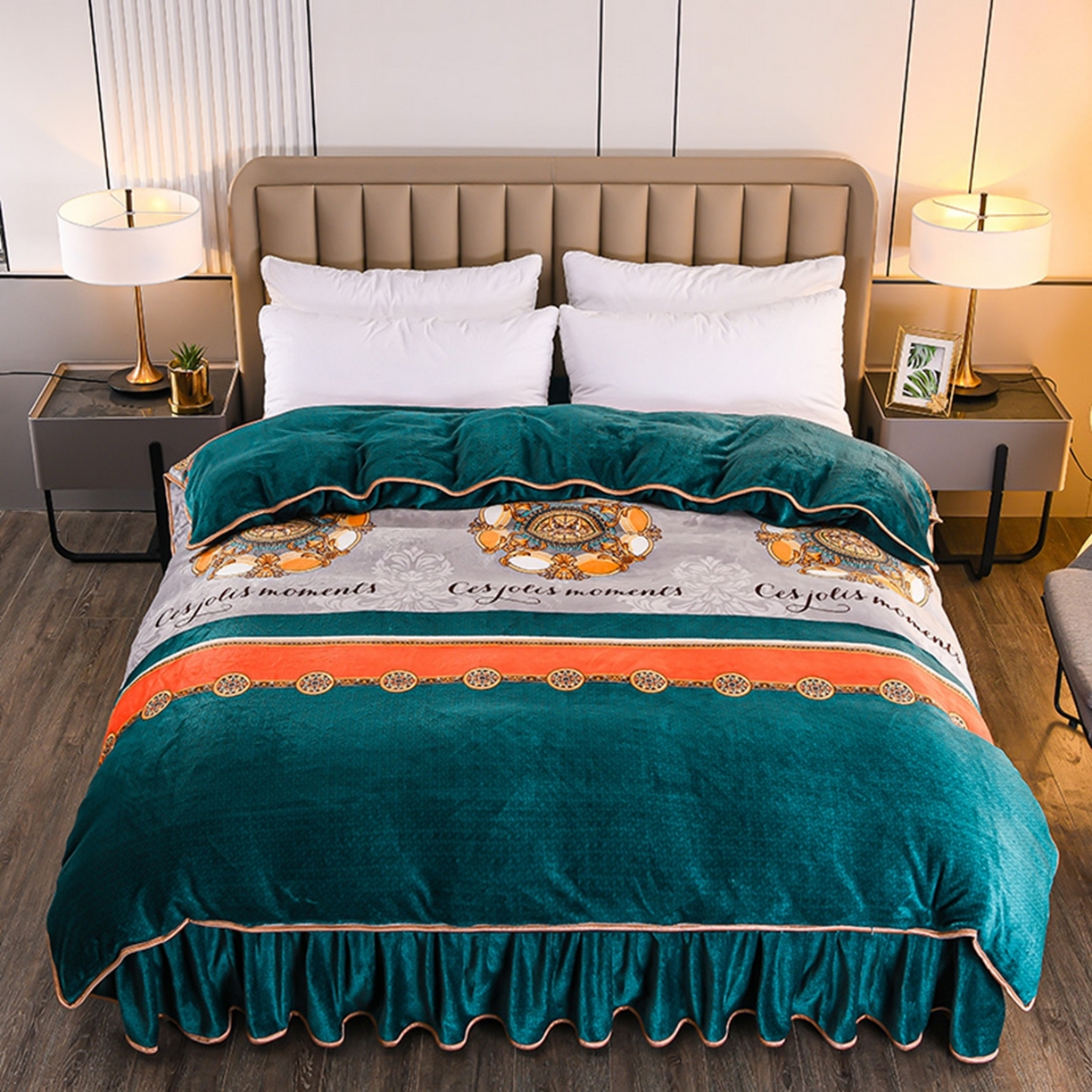 91家纺网 家纺一手货源 找家纺 梦宴 2025新款冬季牛奶绒加厚保暖床裙款法兰绒珊瑚绒四件套床上用品 英伦风尚