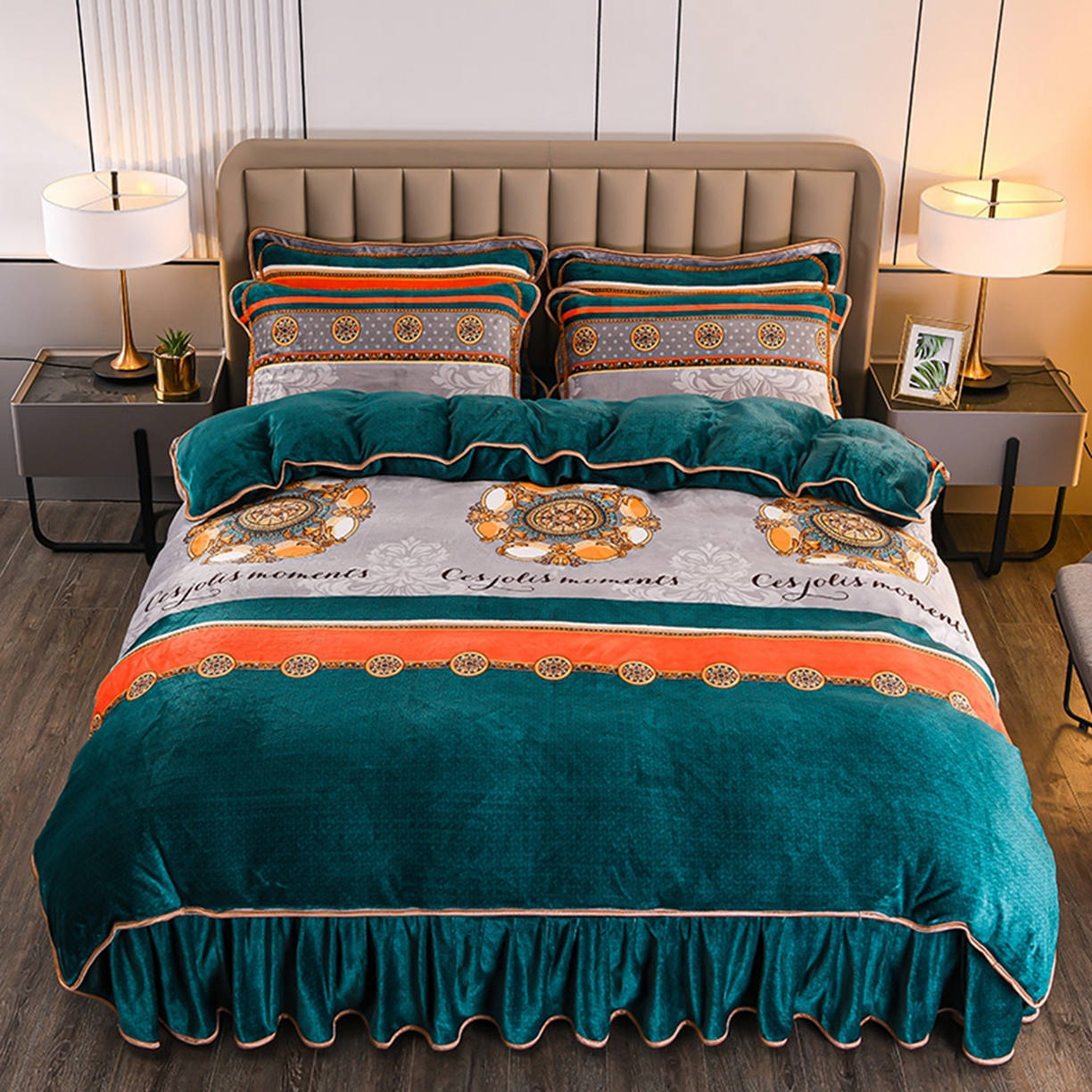 91家纺网 家纺一手货源 找家纺 梦宴 2025新款冬季牛奶绒加厚保暖床裙款法兰绒珊瑚绒四件套床上用品 英伦风尚