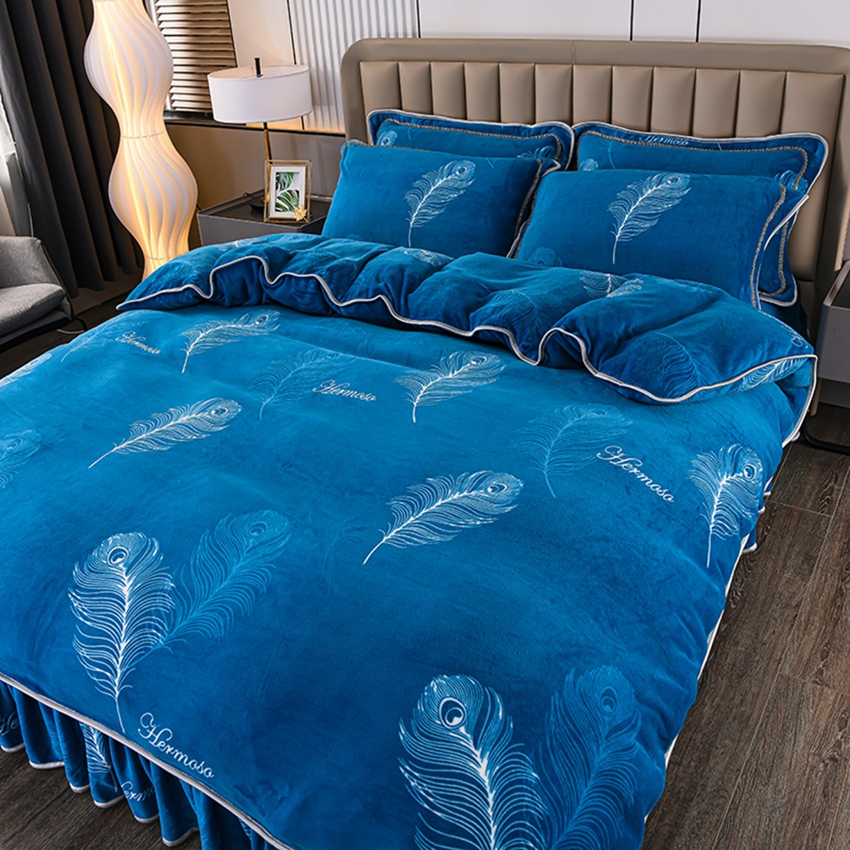 91家纺网 家纺一手货源 找家纺 梦宴 2025新款冬季牛奶绒加厚保暖床裙款法兰绒珊瑚绒四件套床上用品 羽梦