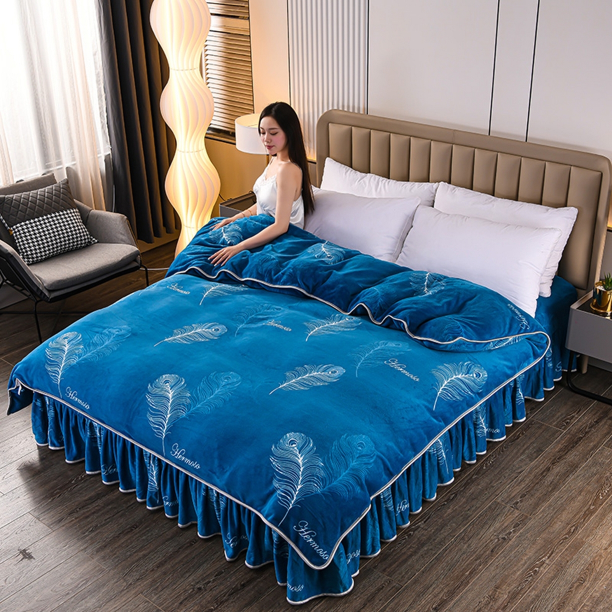 91家纺网 家纺一手货源 找家纺 梦宴 2025新款冬季牛奶绒加厚保暖床裙款法兰绒珊瑚绒四件套床上用品 羽梦