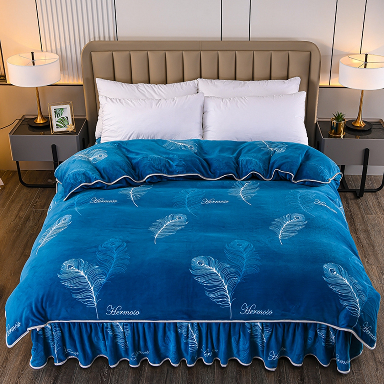 91家纺网 家纺一手货源 找家纺 梦宴 2025新款冬季牛奶绒加厚保暖床裙款法兰绒珊瑚绒四件套床上用品 羽梦