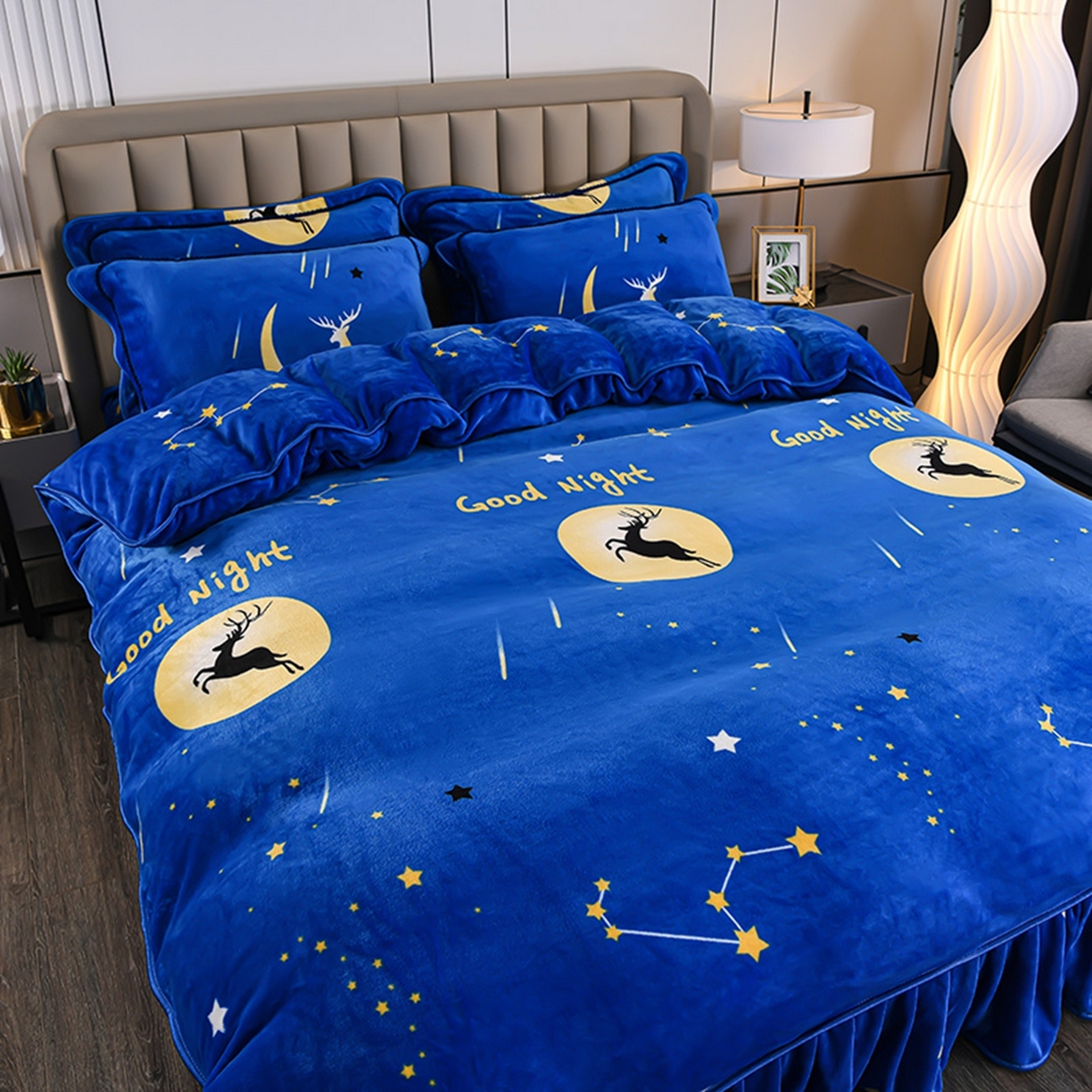 91家纺网 家纺一手货源 找家纺 梦宴 2025新款冬季牛奶绒加厚保暖床裙款法兰绒珊瑚绒四件套床上用品 月光鹿