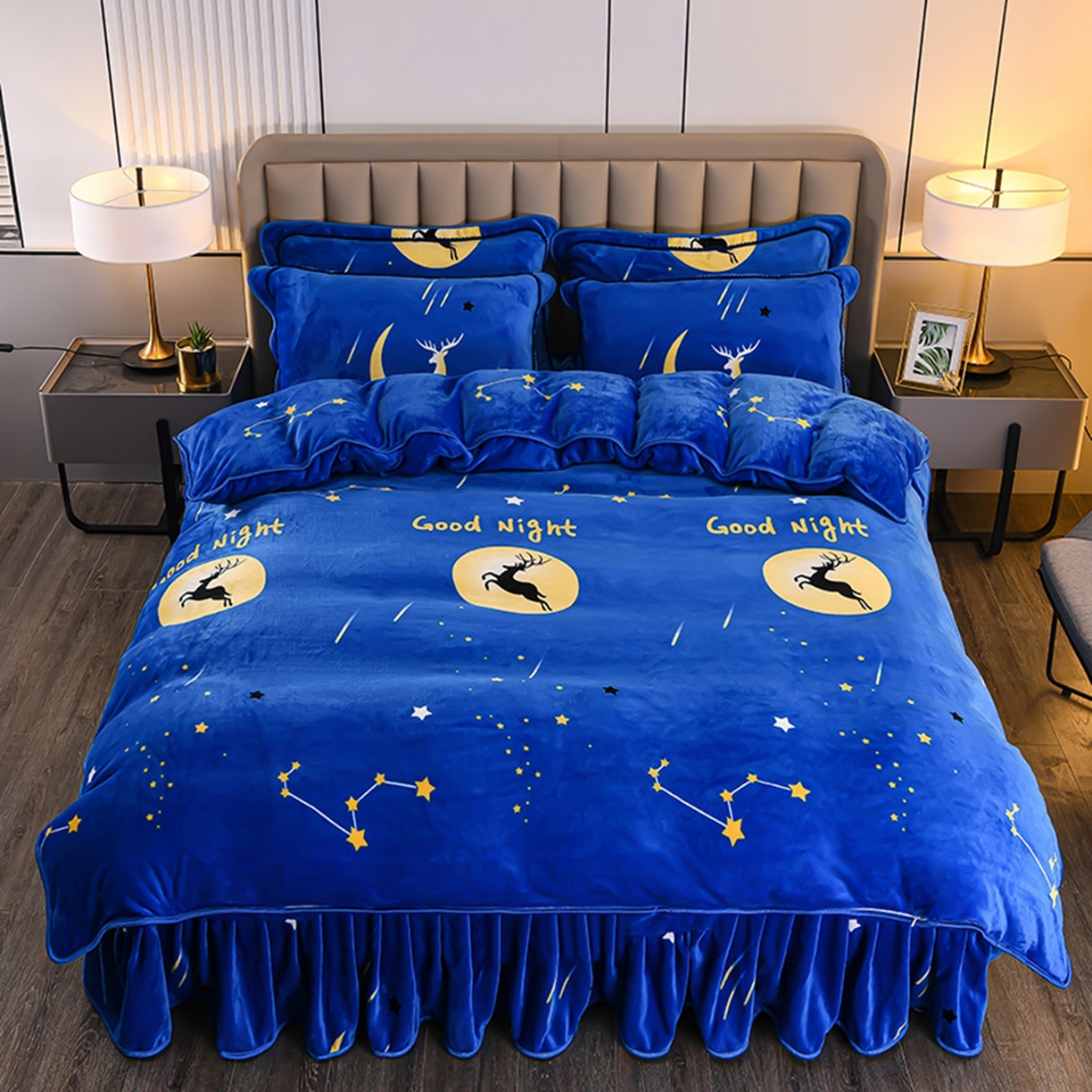 91家纺网 家纺一手货源 找家纺 梦宴 2025新款冬季牛奶绒加厚保暖床裙款法兰绒珊瑚绒四件套床上用品 月光鹿