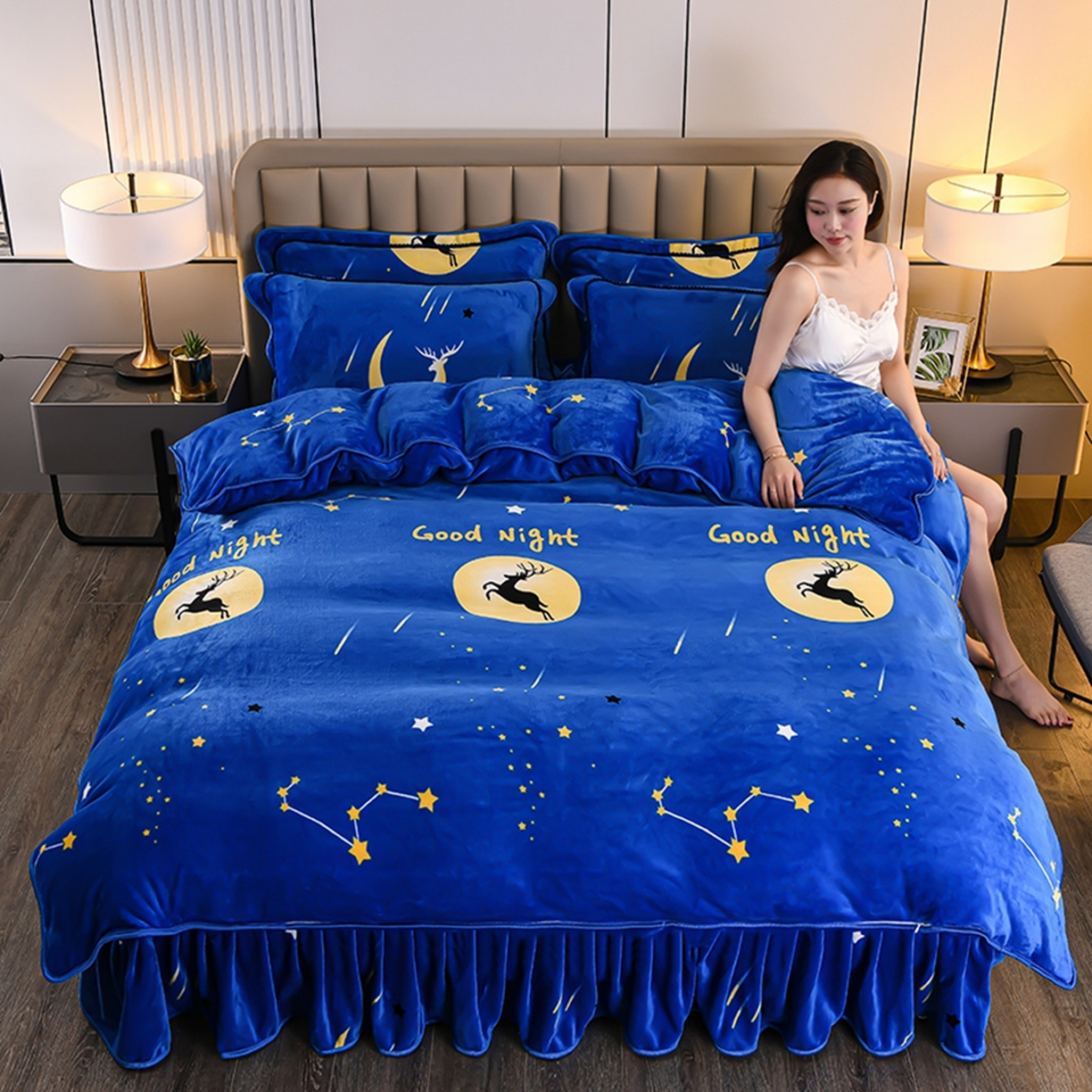 91家纺网 家纺一手货源 找家纺 梦宴 2025新款冬季牛奶绒加厚保暖床裙款法兰绒珊瑚绒四件套床上用品 月光鹿,月光鹿