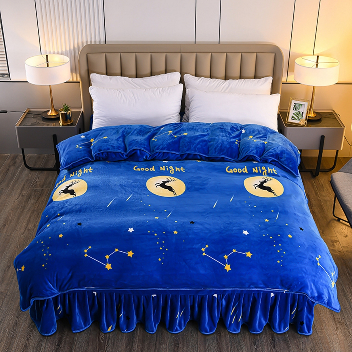 91家纺网 家纺一手货源 找家纺 梦宴 2025新款冬季牛奶绒加厚保暖床裙款法兰绒珊瑚绒四件套床上用品 月光鹿