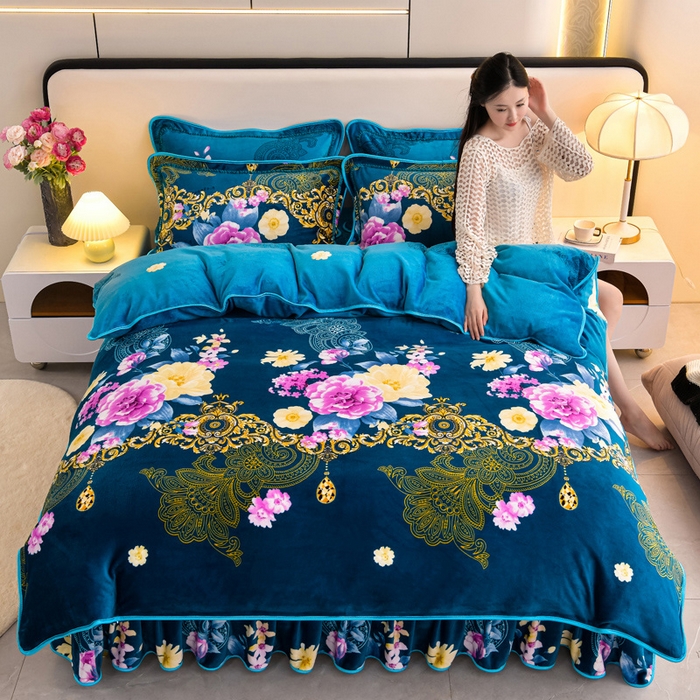 91家纺网 家纺一手货源 找家纺 （总）梦宴 2025新款冬季牛奶绒加厚保暖床裙款法兰绒珊瑚绒四件套