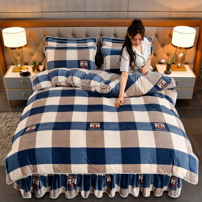 91家纺网 家纺一手货源 找家纺 （总）梦宴 2025新款冬季牛奶绒加厚保暖床裙款法兰绒珊瑚绒四件套