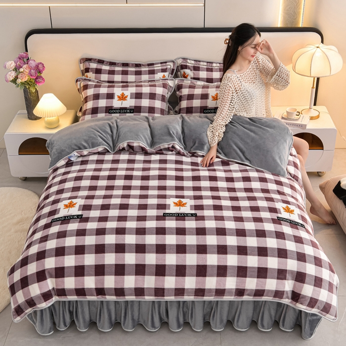 91家纺网 家纺一手货源 找家纺 （总）梦宴 2025新款冬季牛奶绒加厚保暖床裙款法兰绒珊瑚绒四件套