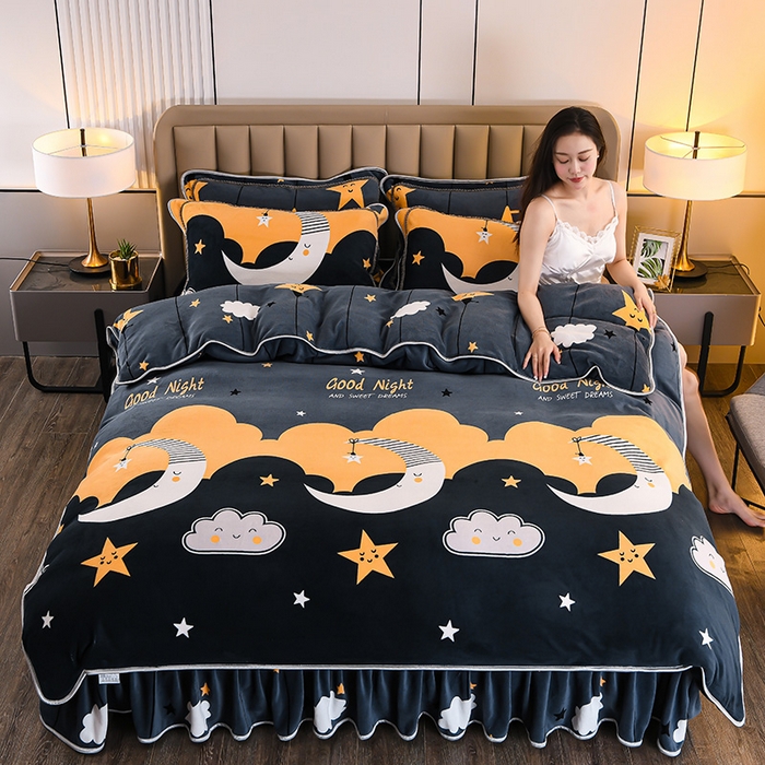 91家纺网 家纺一手货源 找家纺 （总）梦宴 2025新款冬季牛奶绒加厚保暖床裙款法兰绒珊瑚绒四件套