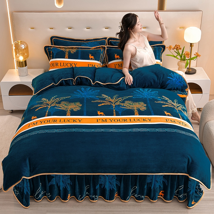 91家纺网 家纺一手货源 找家纺 （总）梦宴 2025新款冬季牛奶绒加厚保暖床裙款法兰绒珊瑚绒四件套