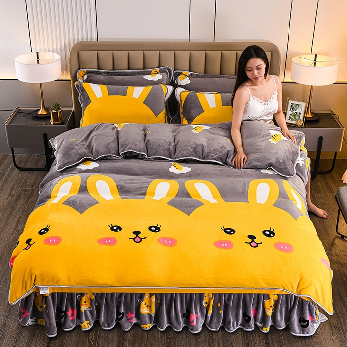 91家纺网 家纺一手货源 找家纺 （总）梦宴 2025新款冬季牛奶绒加厚保暖床裙款法兰绒珊瑚绒四件套