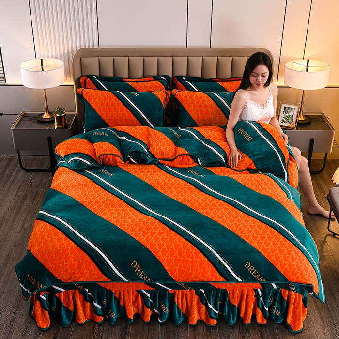 91家纺网 家纺一手货源 找家纺 （总）梦宴 2025新款冬季牛奶绒加厚保暖床裙款法兰绒珊瑚绒四件套