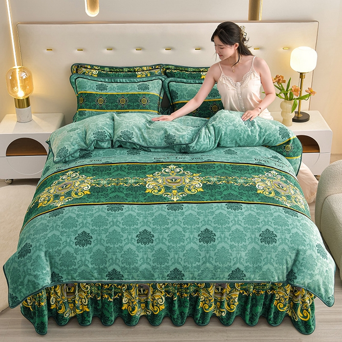 91家纺网 家纺一手货源 找家纺 （总）梦宴 2025新款冬季牛奶绒加厚保暖床裙款法兰绒珊瑚绒四件套