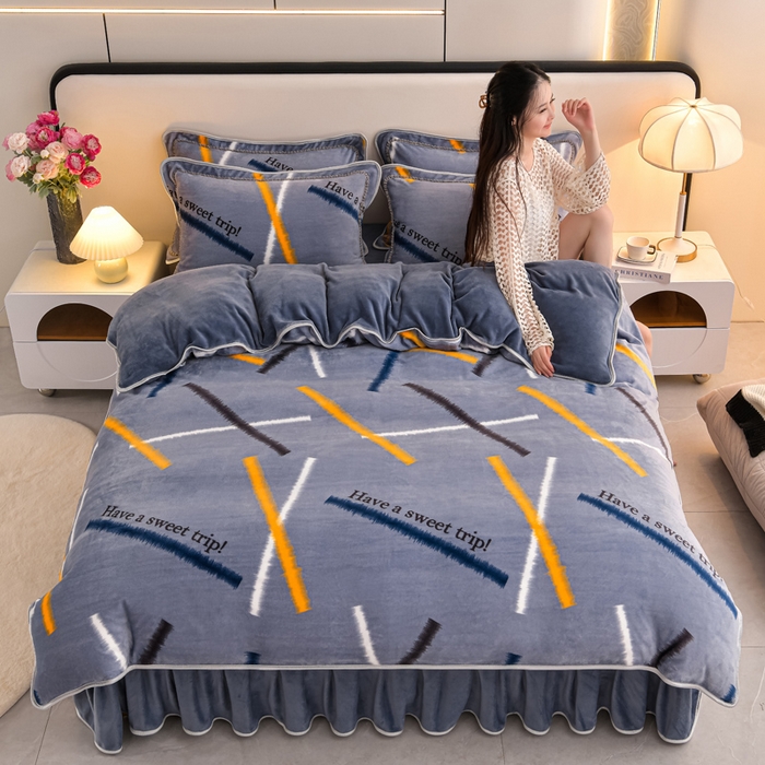 91家纺网 家纺一手货源 找家纺 （总）梦宴 2025新款冬季牛奶绒加厚保暖床裙款法兰绒珊瑚绒四件套